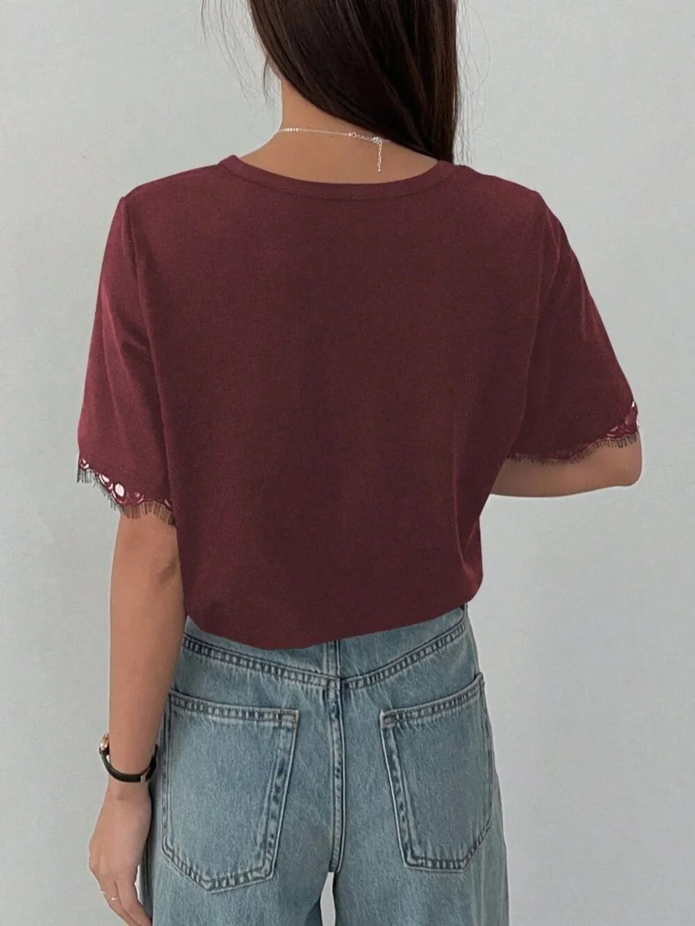 Burgundy Casual Women's Preppy Contrast Lace Loose Short Sleeve T-Shirt